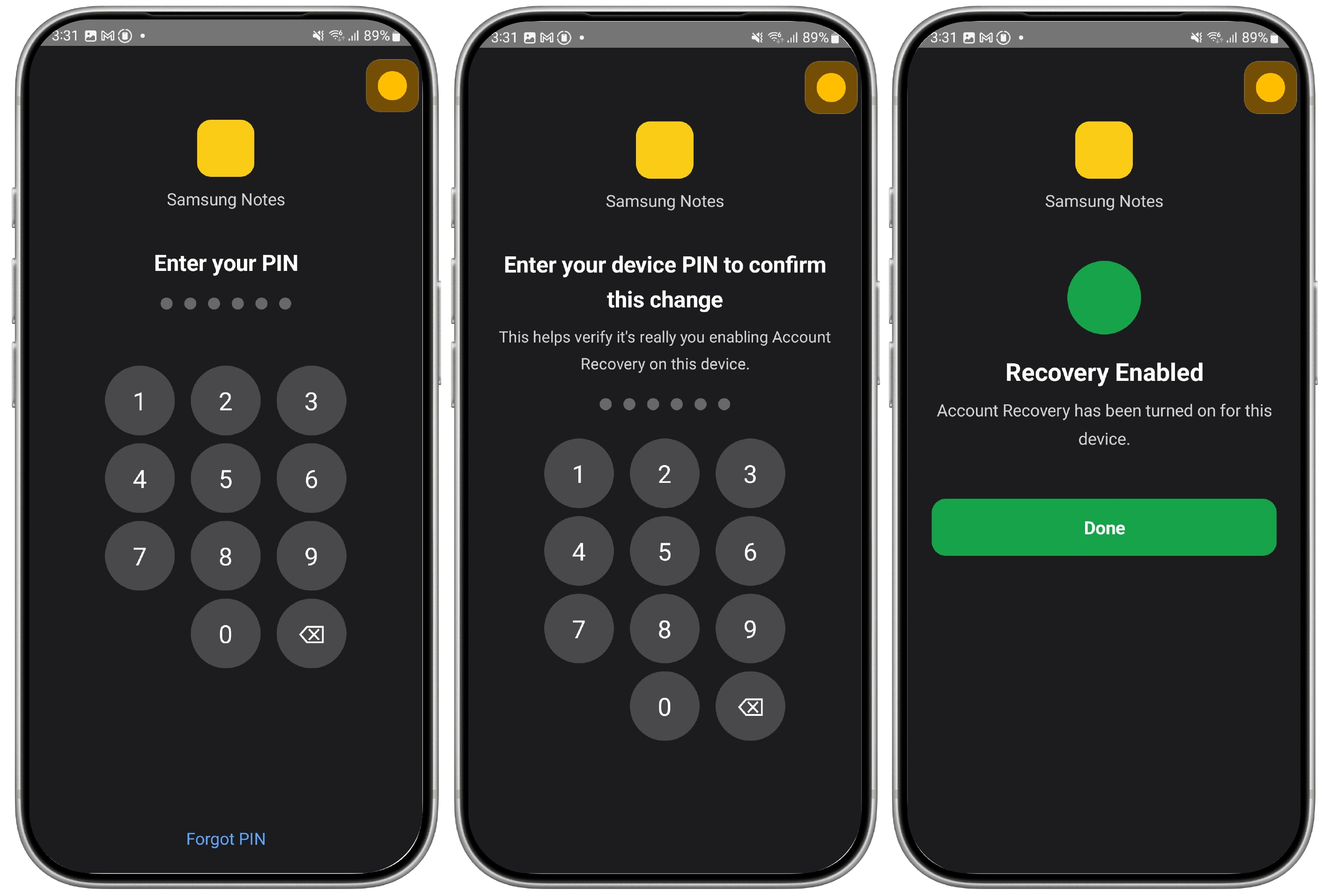 Simulated PIN change notification